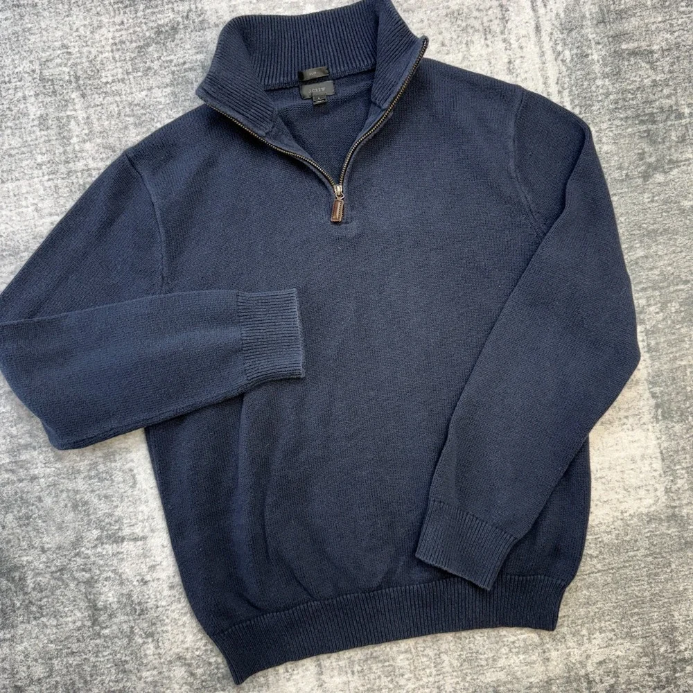 J Crew Sweater Mens Large Slim Fit Navy Blue Cotton Knit 1/4 Zip Jumper Preppy - Picture 2 of 11